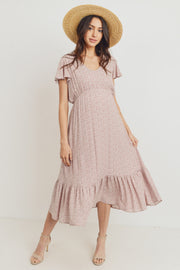 Flutter Sleeve V-Neck Maternity Ruffle Midi Dress - Mauve