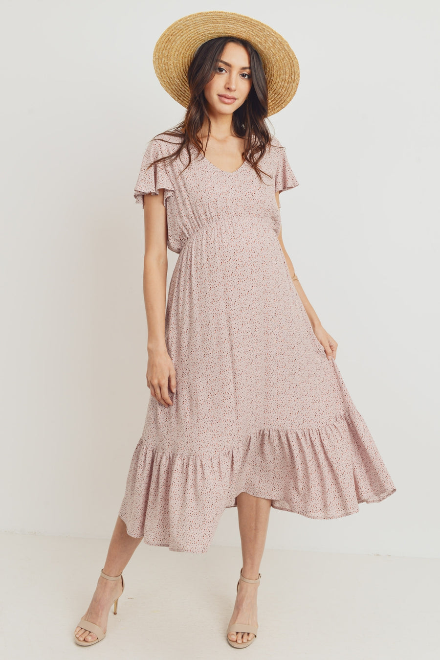Flutter Sleeve V-Neck Maternity Ruffle Midi Dress - Mauve