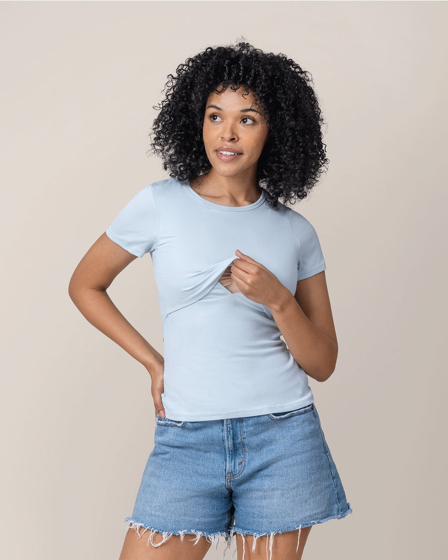 Ribbed Bamboo Crew Neck Nursing T-Shirt - French Blue