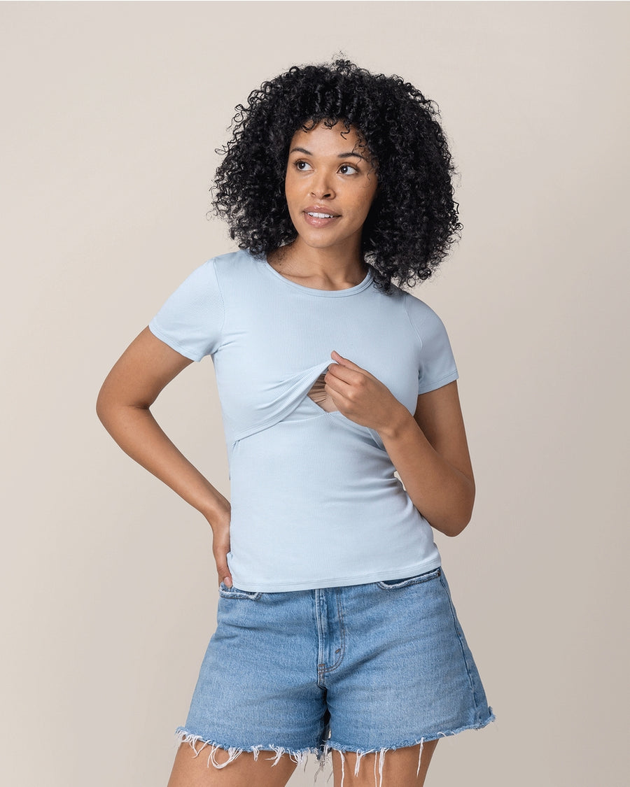 Ribbed Bamboo Crew Neck Nursing T-Shirt - French Blue
