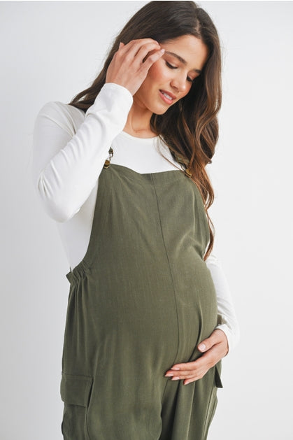 Straight Leg Maternity Adjustable Overalls - Olive