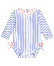Perwinkle Blue Seersucker with Ruffles Long Sleeve Swimsuit