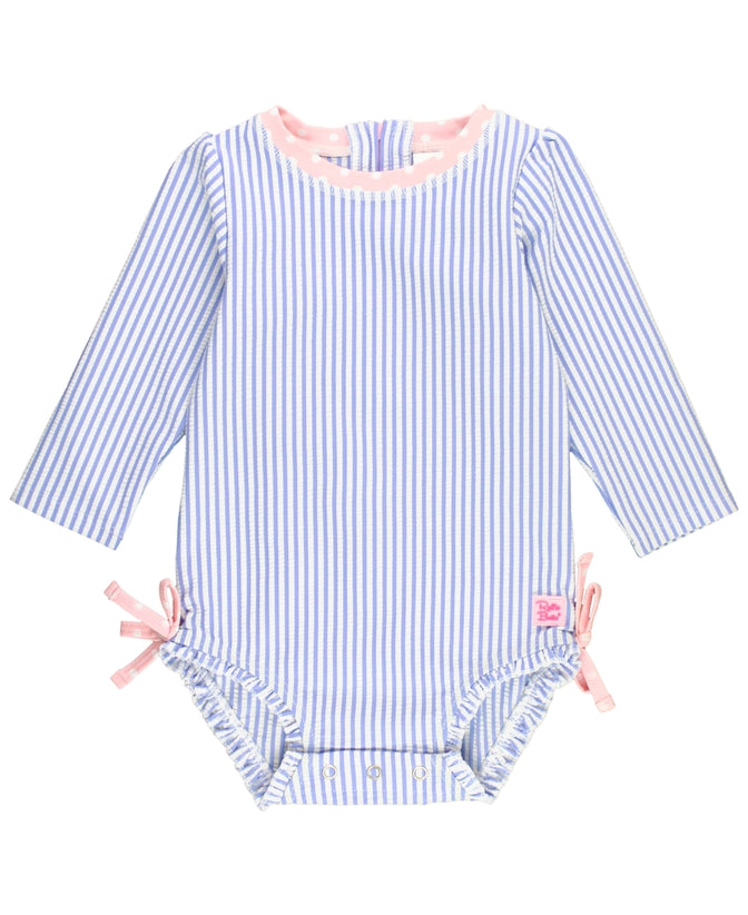 Perwinkle Blue Seersucker with Ruffles Long Sleeve Swimsuit