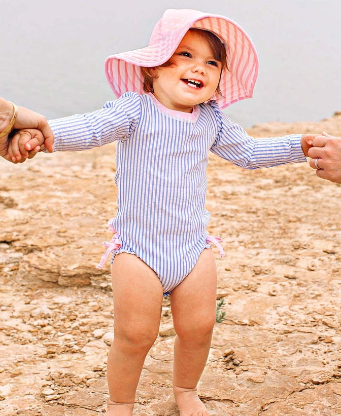 Perwinkle Blue Seersucker with Ruffles Long Sleeve Swimsuit