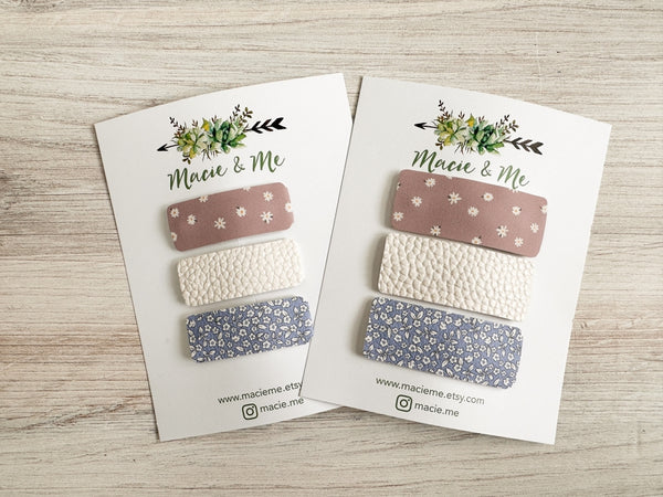 Set of 3 Snap Clips - Mauve Floral, White, and Blue