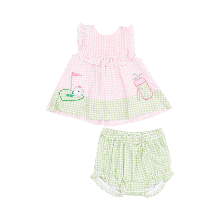 Ruffle Top with Applique and Bloomer - Mini Gingham Pink