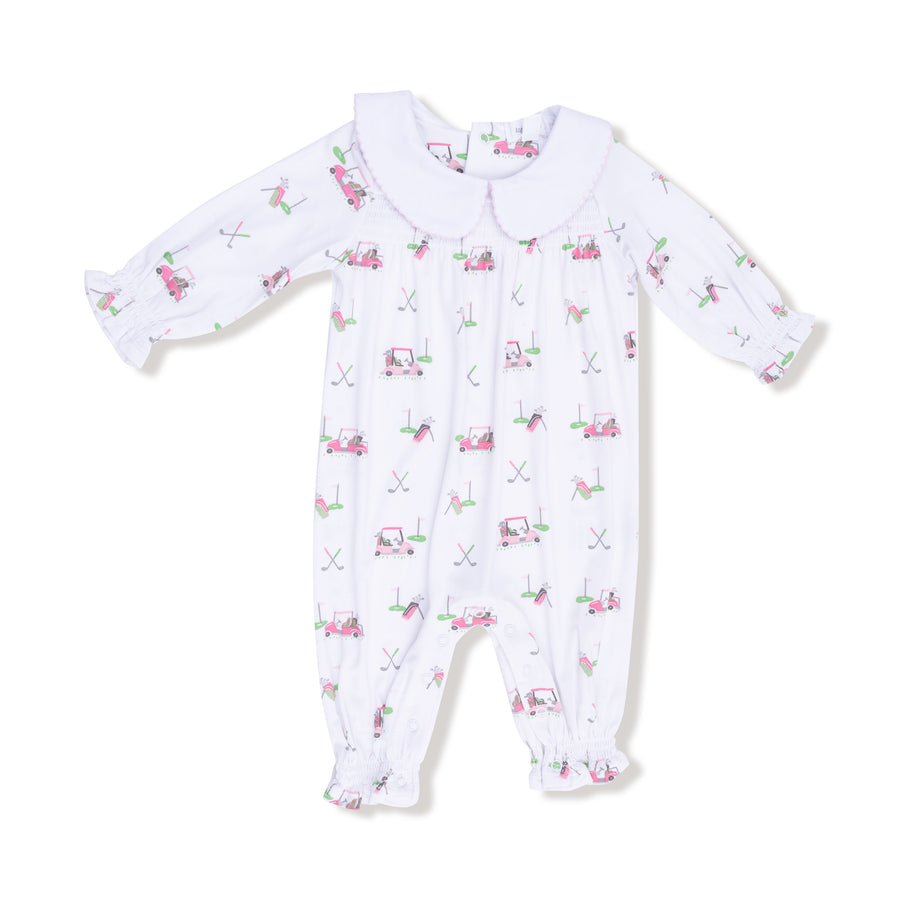 Smocked Peter Pan Romper - Baby Golf Carts - Pink