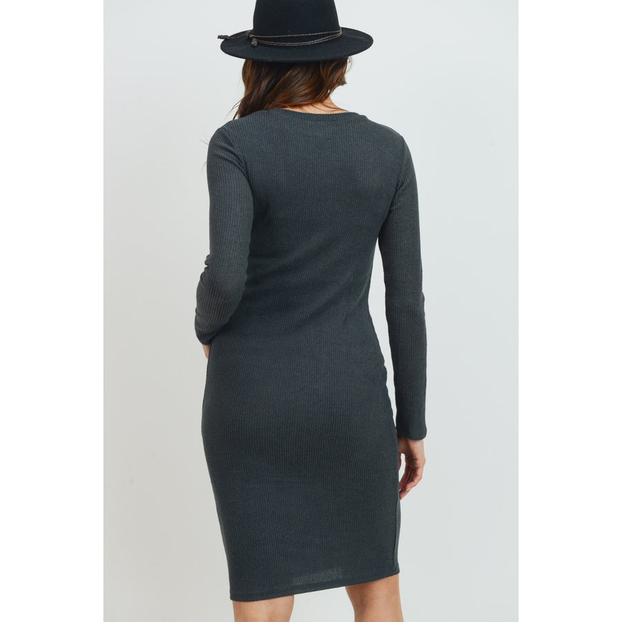 Ribbed Long Sleeve Maternity Bodycon Dress - Dark Green