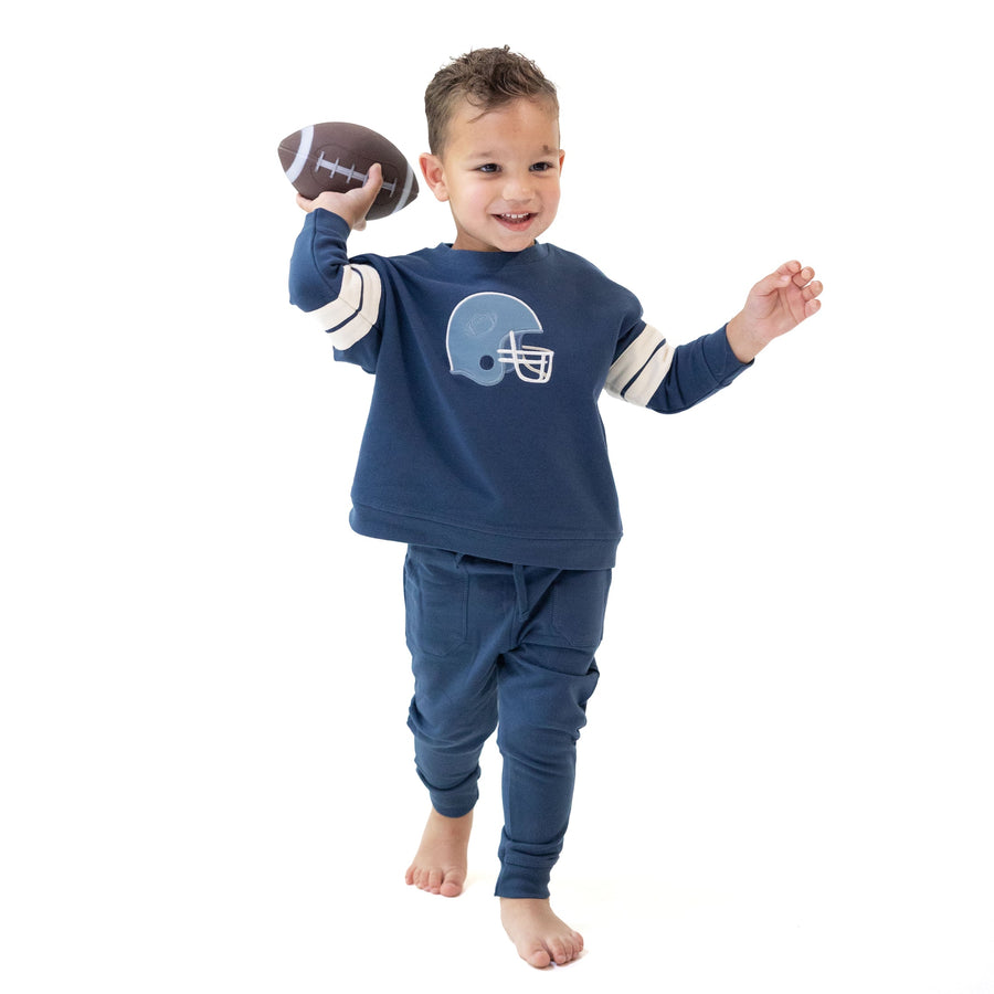 Drop Sleeve Sweatshirt with Stripes - Football Helmets - Blue