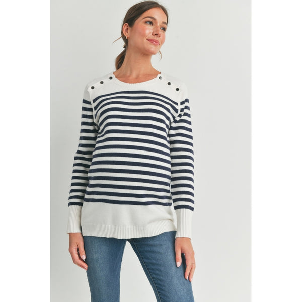 Stripe Maternity Nursing Sweater Top with Button Detail - Navy/White