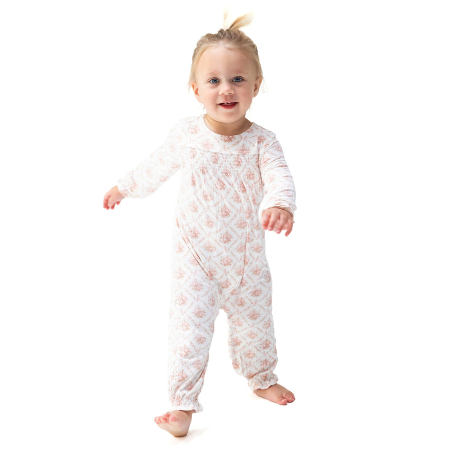 Smocked Long Sleeve Romper - Rose Bow Lattice