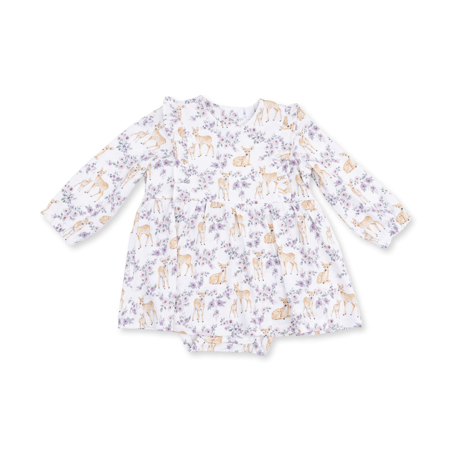 Ruffle Long Sleeve Bodysuit Dress - Floral Deer