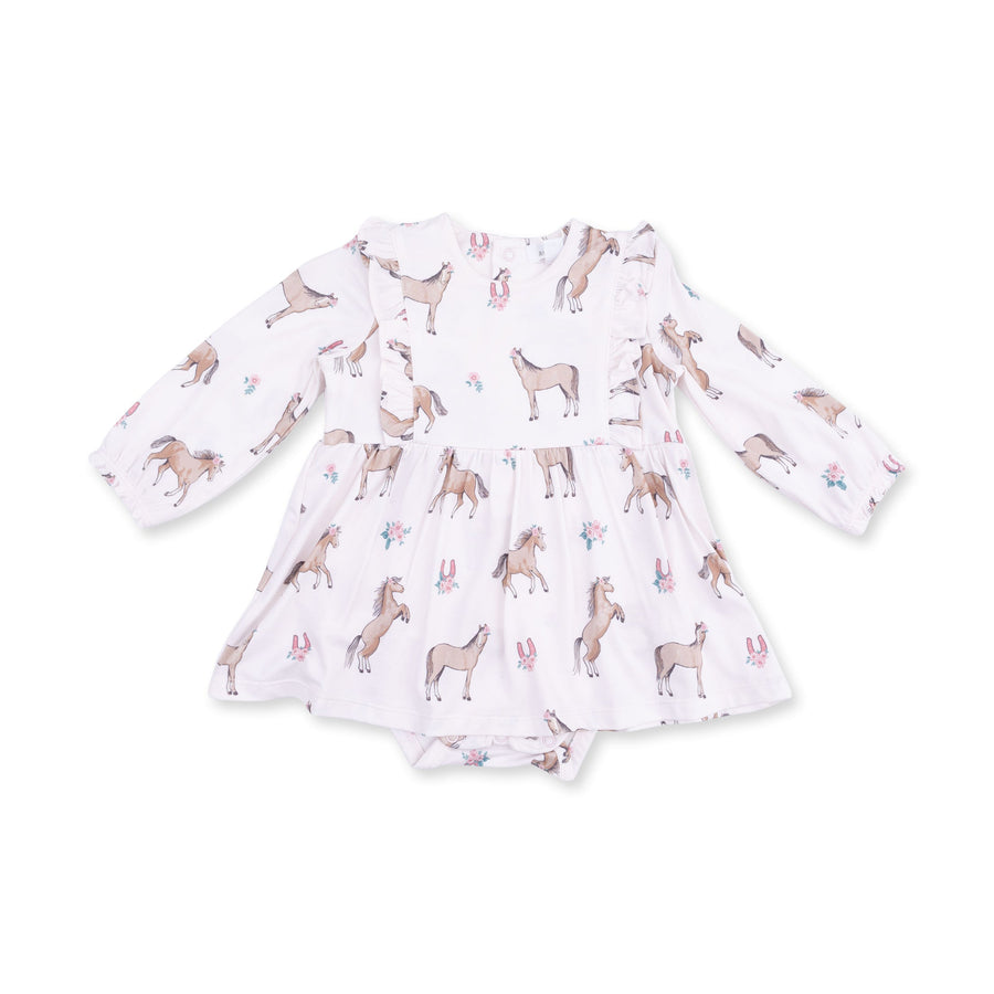 Ruffle Long Sleeve Bodysuit Dress - I Love Horses