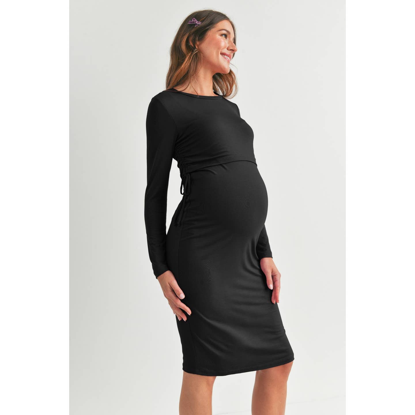 Double Layer Long Sleeve Nursing Dress - Black