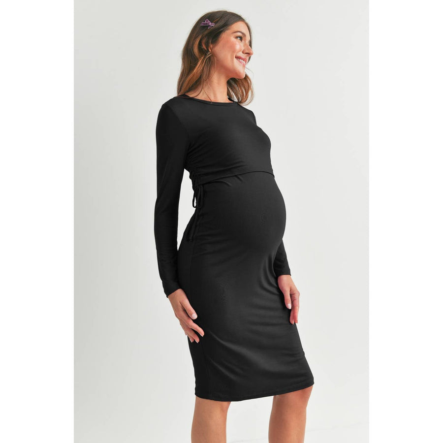 Double Layer Long Sleeve Nursing Dress - Black