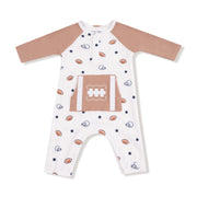 Long Sleeve Raglan Henley Romper with Kanga Pocket - Football and Stars