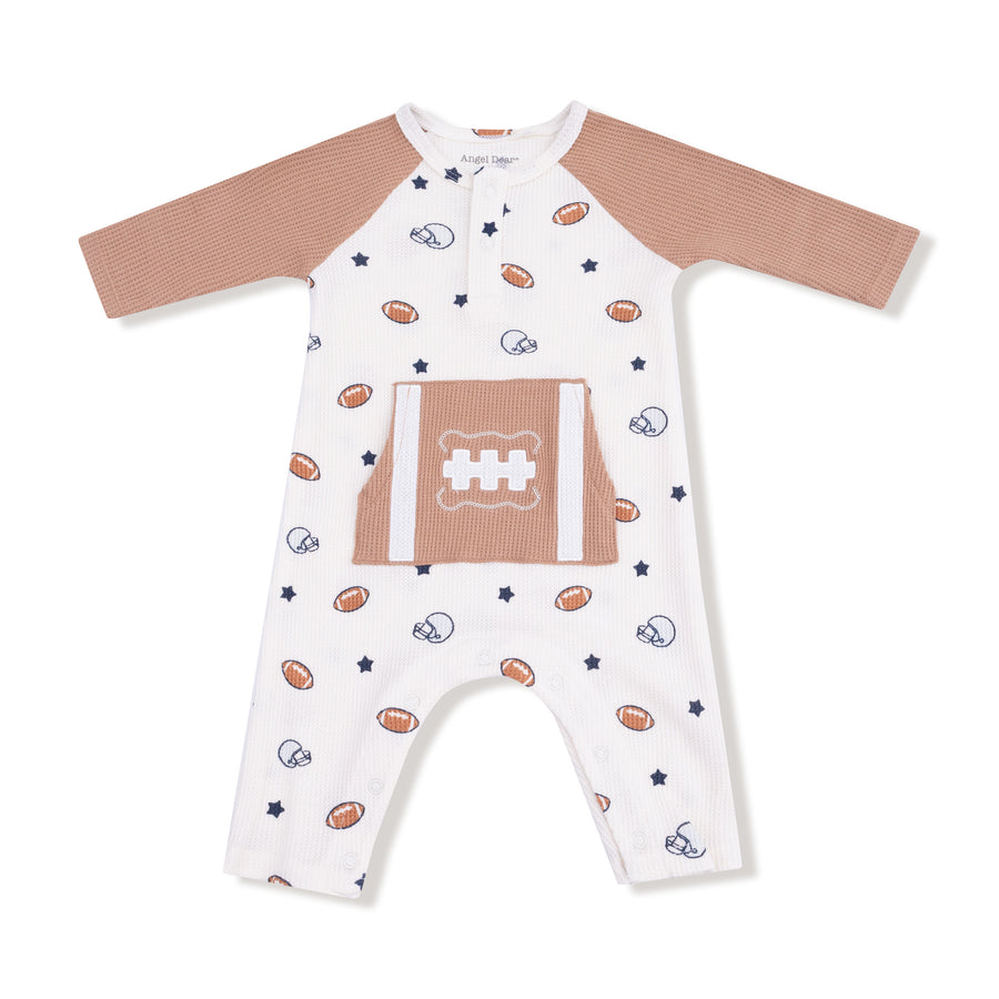 Long Sleeve Raglan Henley Romper with Kanga Pocket - Football and Stars