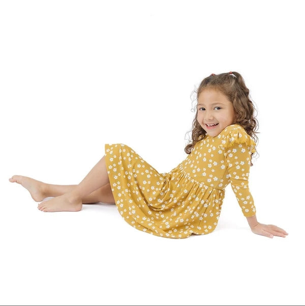 Bamboo Long Sleeve Ribbed Twirl Dress - Golden Blooms