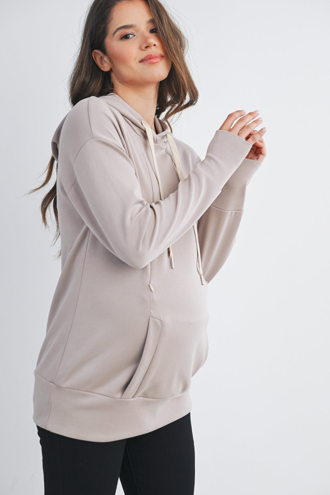 Long Sleeve Maternity Nursing Front Zipper Hoodie - Taupe