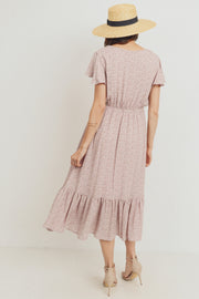 Flutter Sleeve V-Neck Maternity Ruffle Midi Dress - Mauve