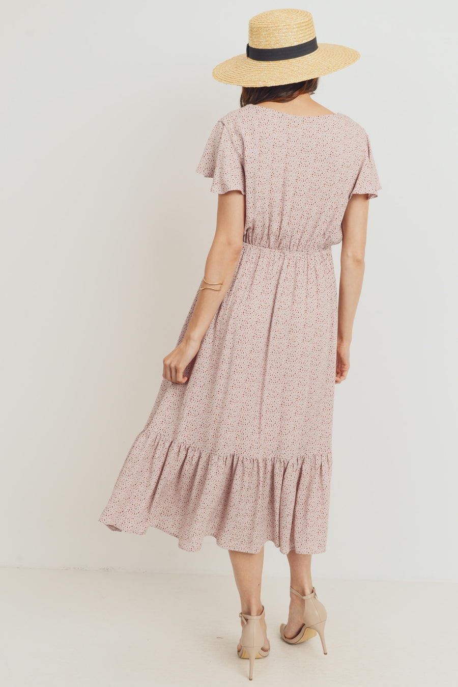 Flutter Sleeve V-Neck Maternity Ruffle Midi Dress - Mauve