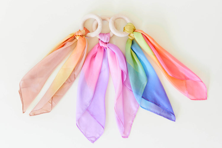 Natural Baby Teether - 100% Mulberry Silk and Maple Ring Various Colors