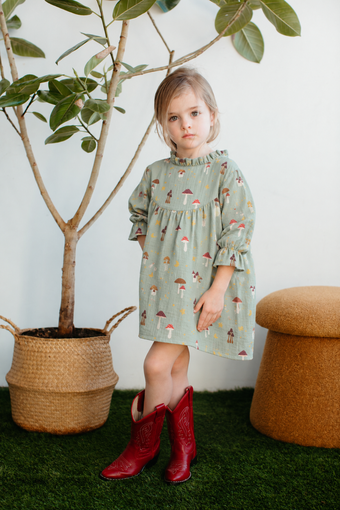 Muslin Long Sleeve Ruffle Trim Dress - Dreamcap Forest