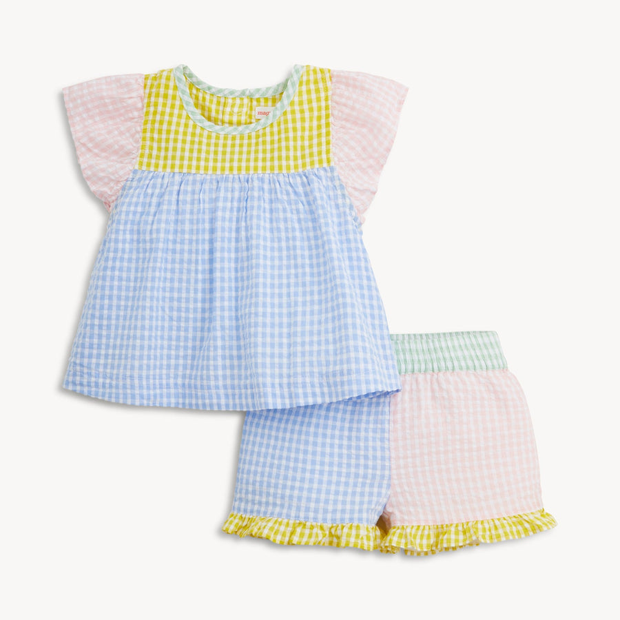 Woven Flutter Sleeve and Short Set - Multi Gingham