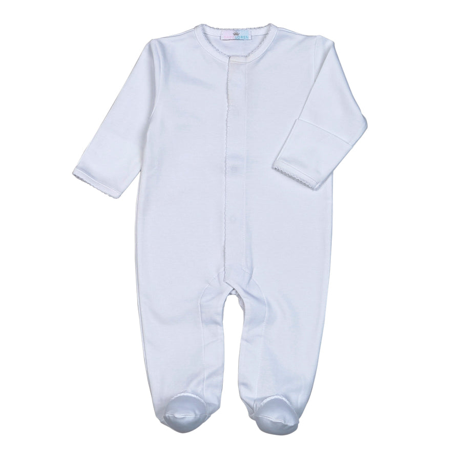 White Zipper Footie with White Picot Trim