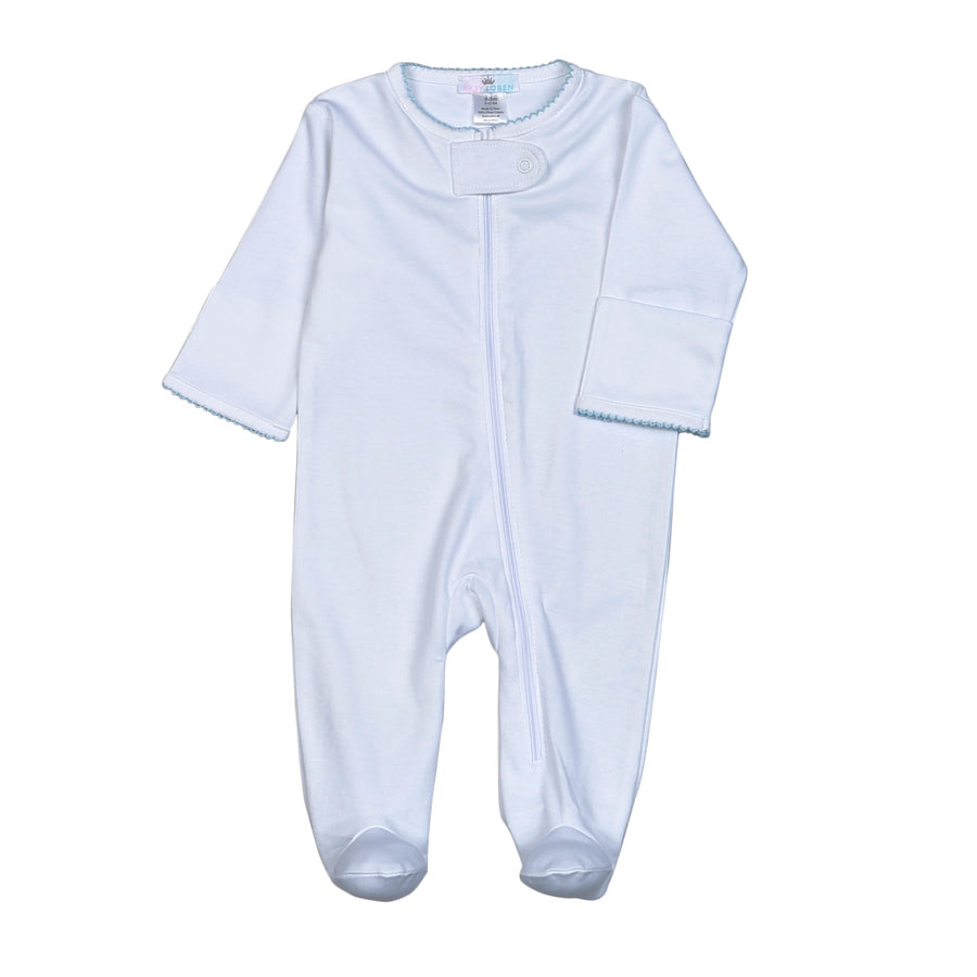 White Zipper Footie with Blue Picot Trim
