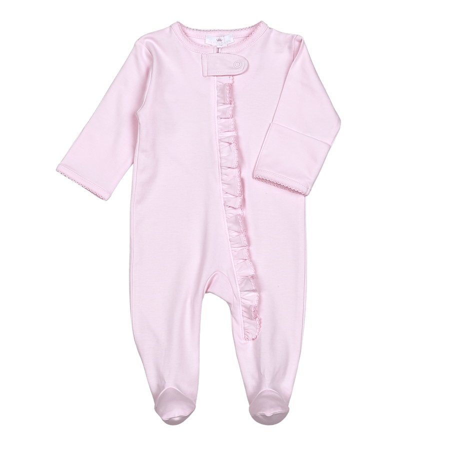 Pink Ruffle Zipper Footie with Pink Picot Trim