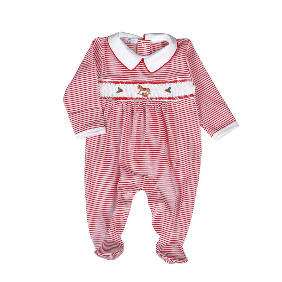 Red Christmas Rocking Horse Smocked Pima Footie
