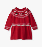 Fair Isle Flared Pretty Sweater Dress - Red Reindeer
