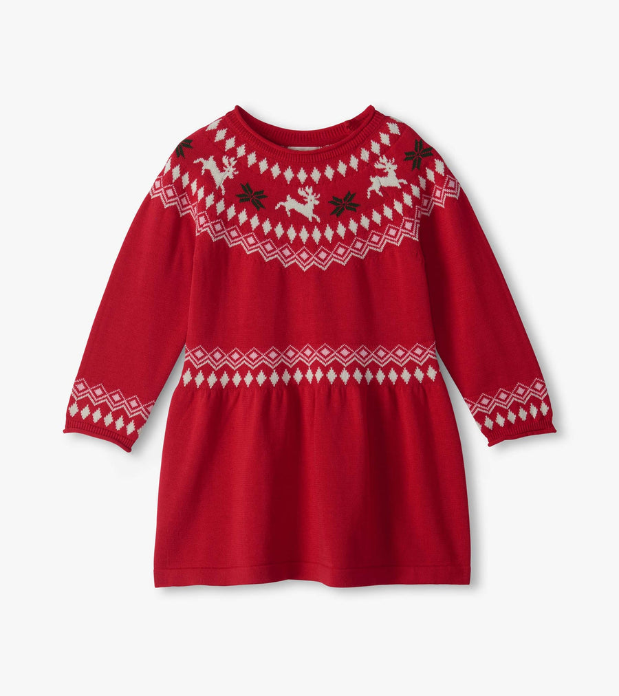Fair Isle Flared Pretty Sweater Dress - Red Reindeer