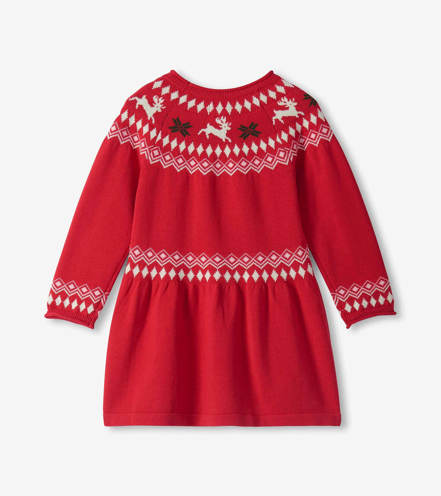 Fair Isle Flared Pretty Sweater Dress - Red Reindeer
