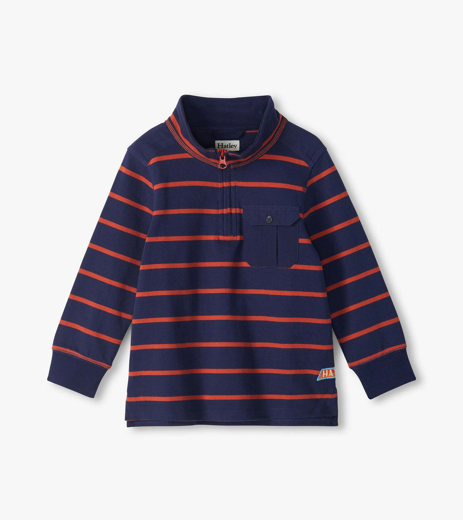 Mock Neck Quarter Zip - Navy with Orange Stripes
