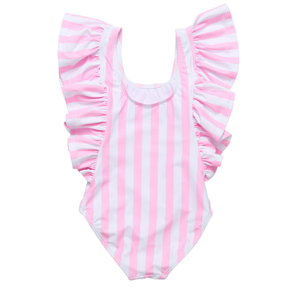 Wide Frill Swimsuit- Pink Stripes