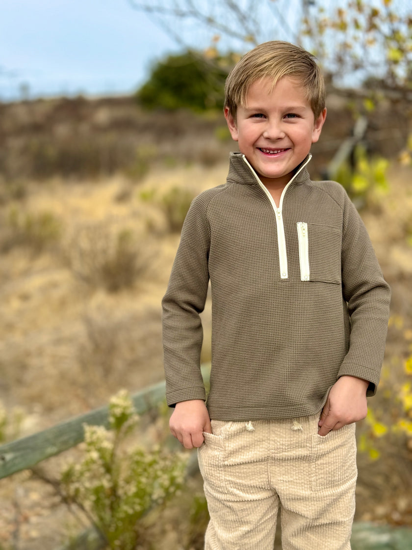 Pocket Zip Up Top - Olive Waffle