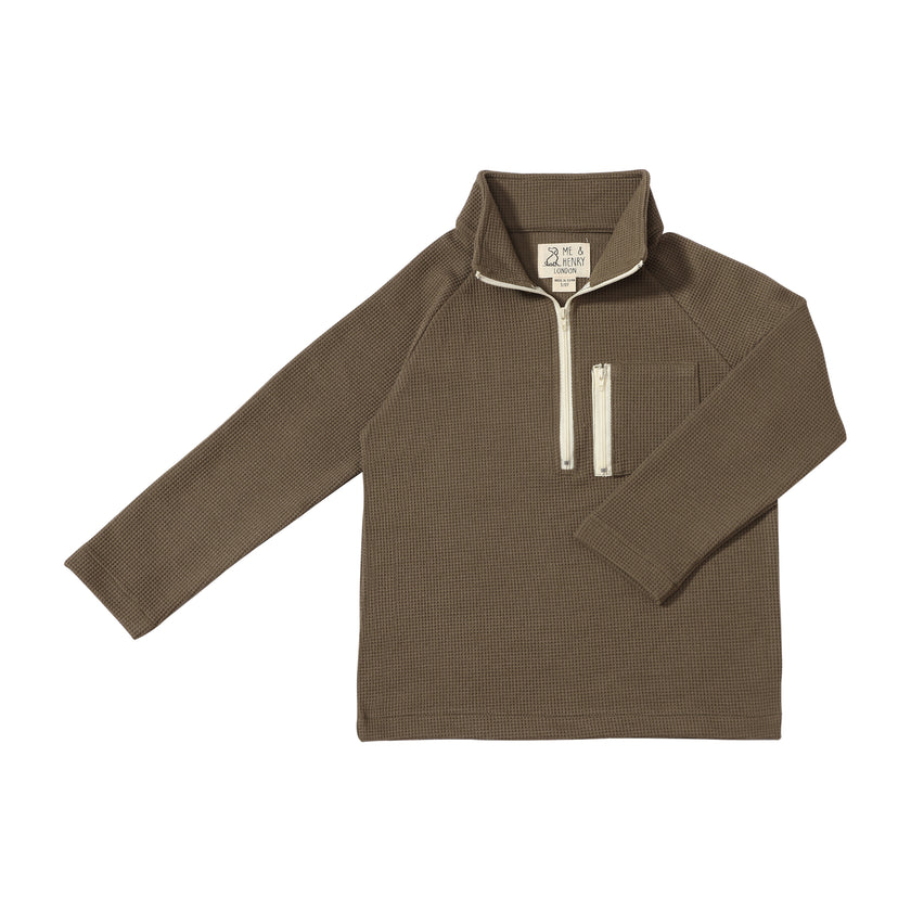 Pocket Zip Up Top - Olive Waffle