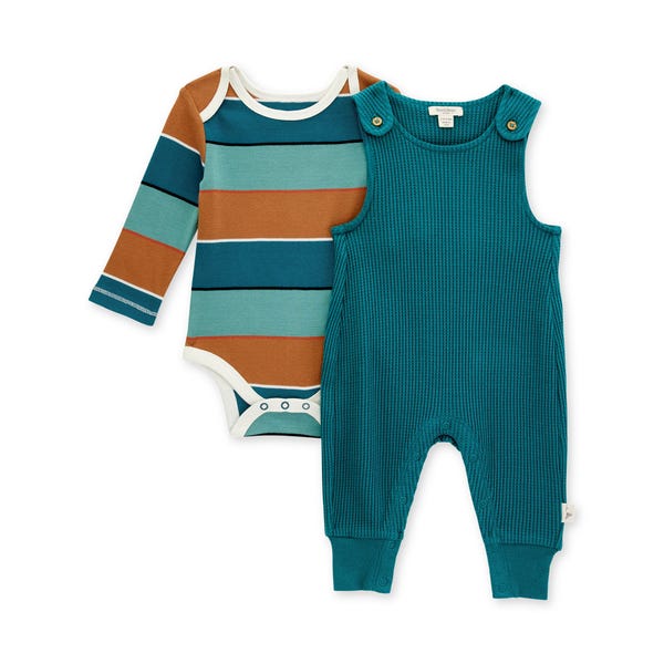 Organic Thermal Jumpsuit & Stripe Bodysuit Set - Starling Blue