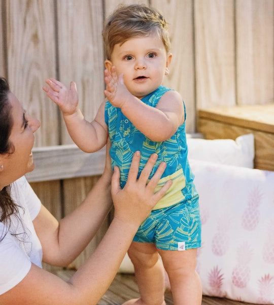 Jungle & Ribbed Romper Set - Tropical Blue