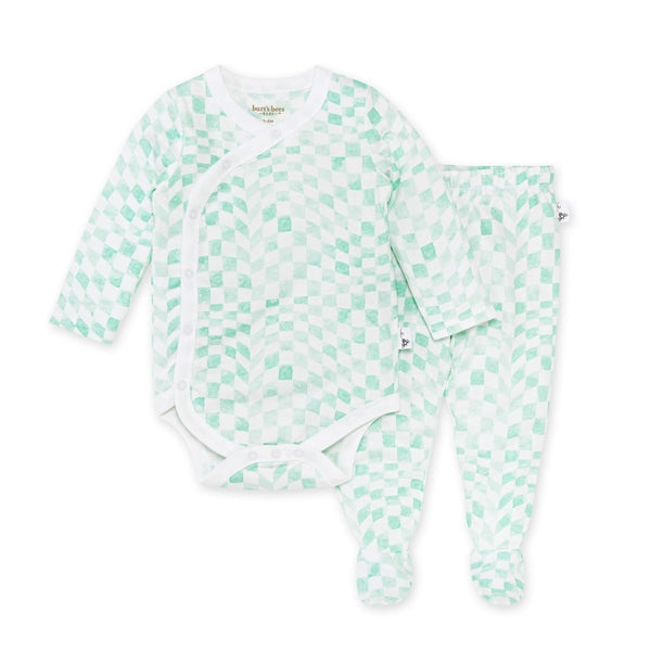 Wavy Check Wrap Front Bodysuit & Footed Pant Set - Minty