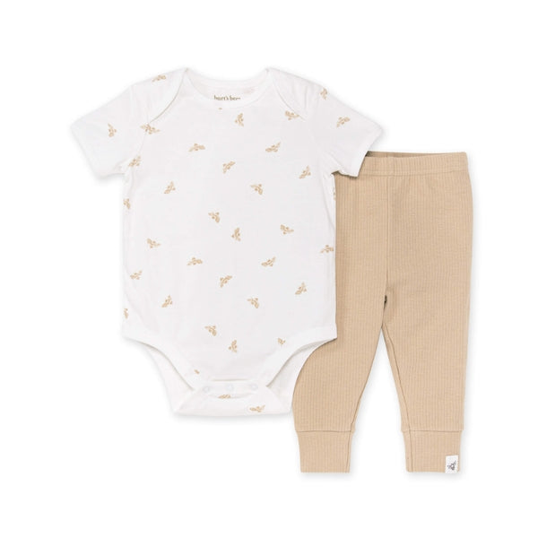 Golden Bee Bodysuit and Ribbed Pant Set - Cloud