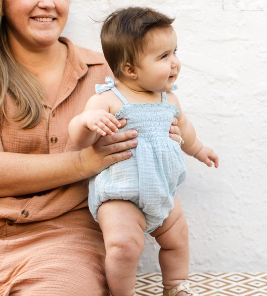 Dotted Muslin Organic Baby Girl Romper - Blue Herizon