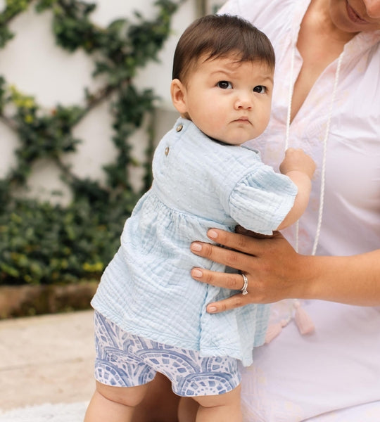 Dotted Organic Muslin Baby Girl Top & Shorts Set - Blue Herizon