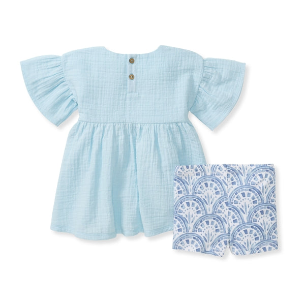 Dotted Organic Muslin Baby Girl Top & Shorts Set - Blue Herizon