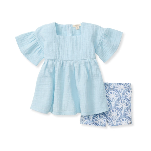 Dotted Organic Muslin Baby Girl Top & Shorts Set - Blue Herizon