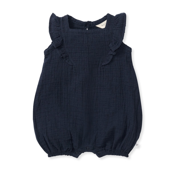 Dotted Muslin Organic Baby Girl Romper - Midnight