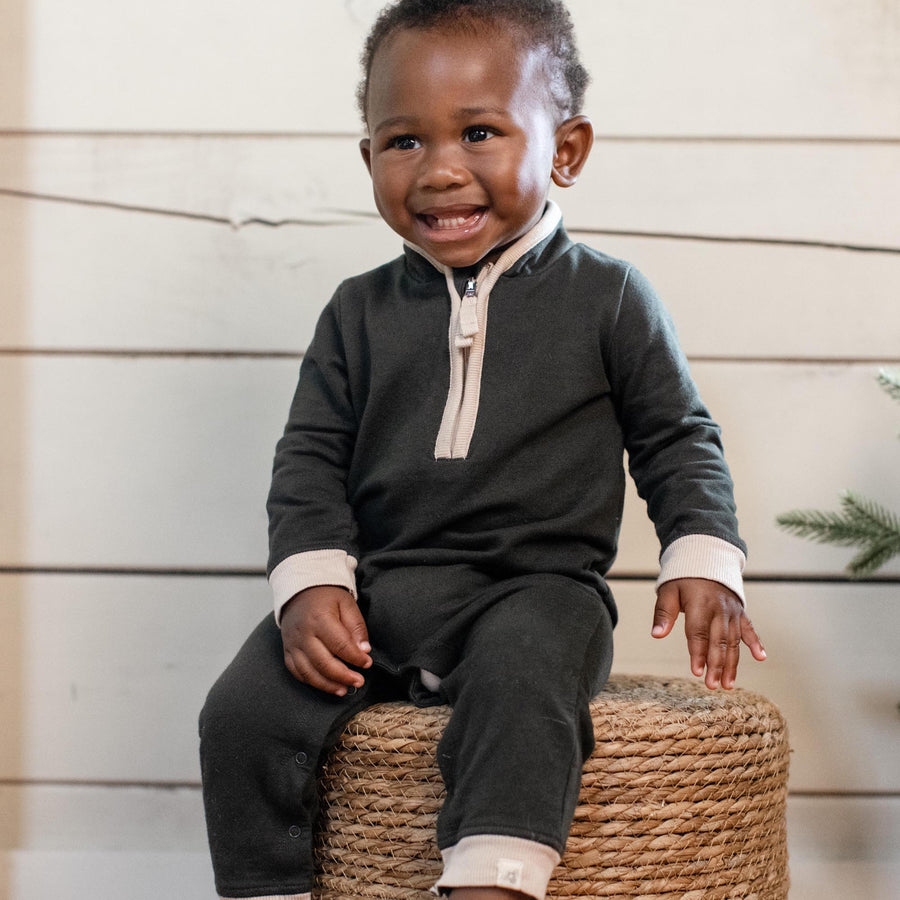 Organic Quarter Zip Baby Boy Jumpsuit - Shadow