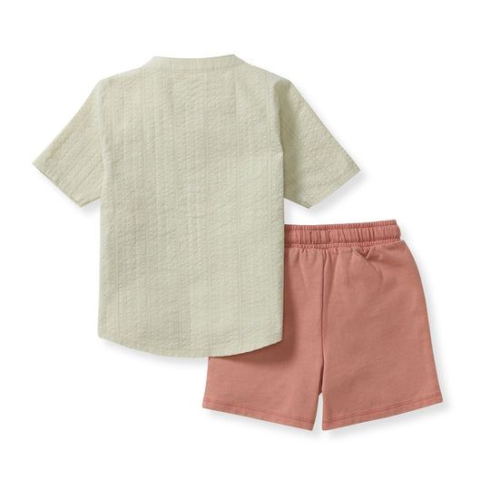 Seersucker Boy Shirt & Short Set - Green Wash
